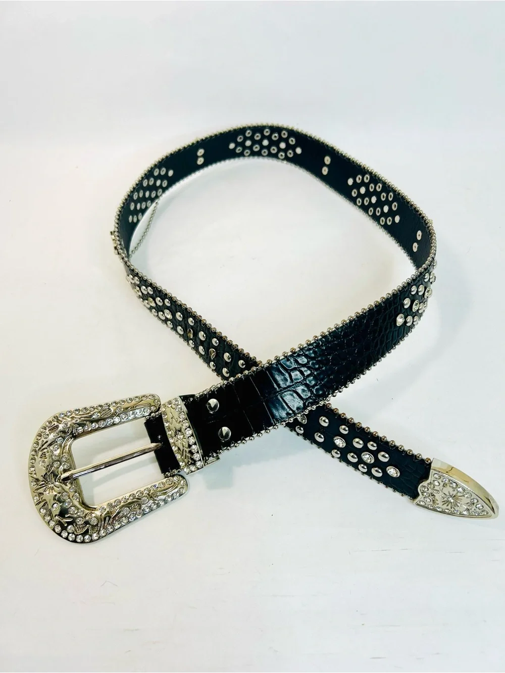 Western Black Leather Belt with Crystal Studded Rhinestones, Engraved Buckke
